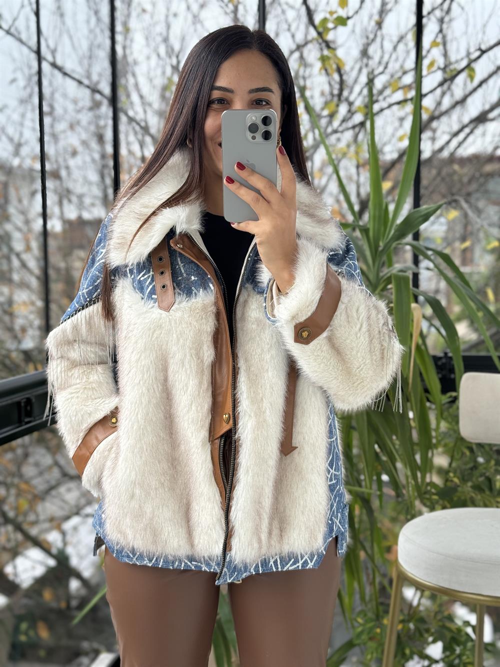 İthal Payetli Kürklü Deri Detaylı Mont Mavi