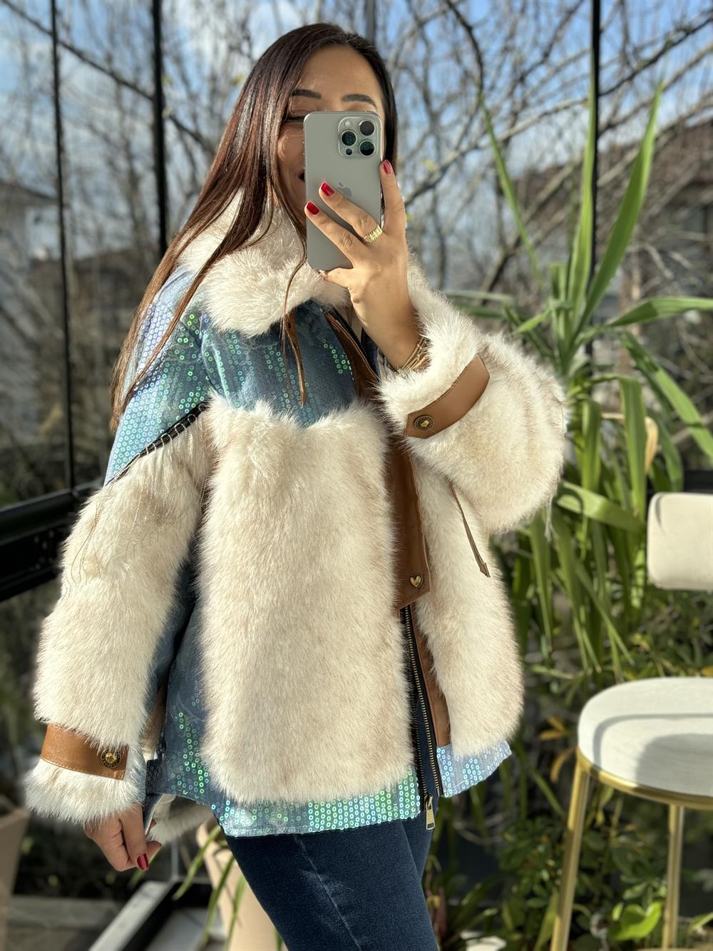 İthal Payetli Kürklü Deri Detaylı Mont Turkuaz