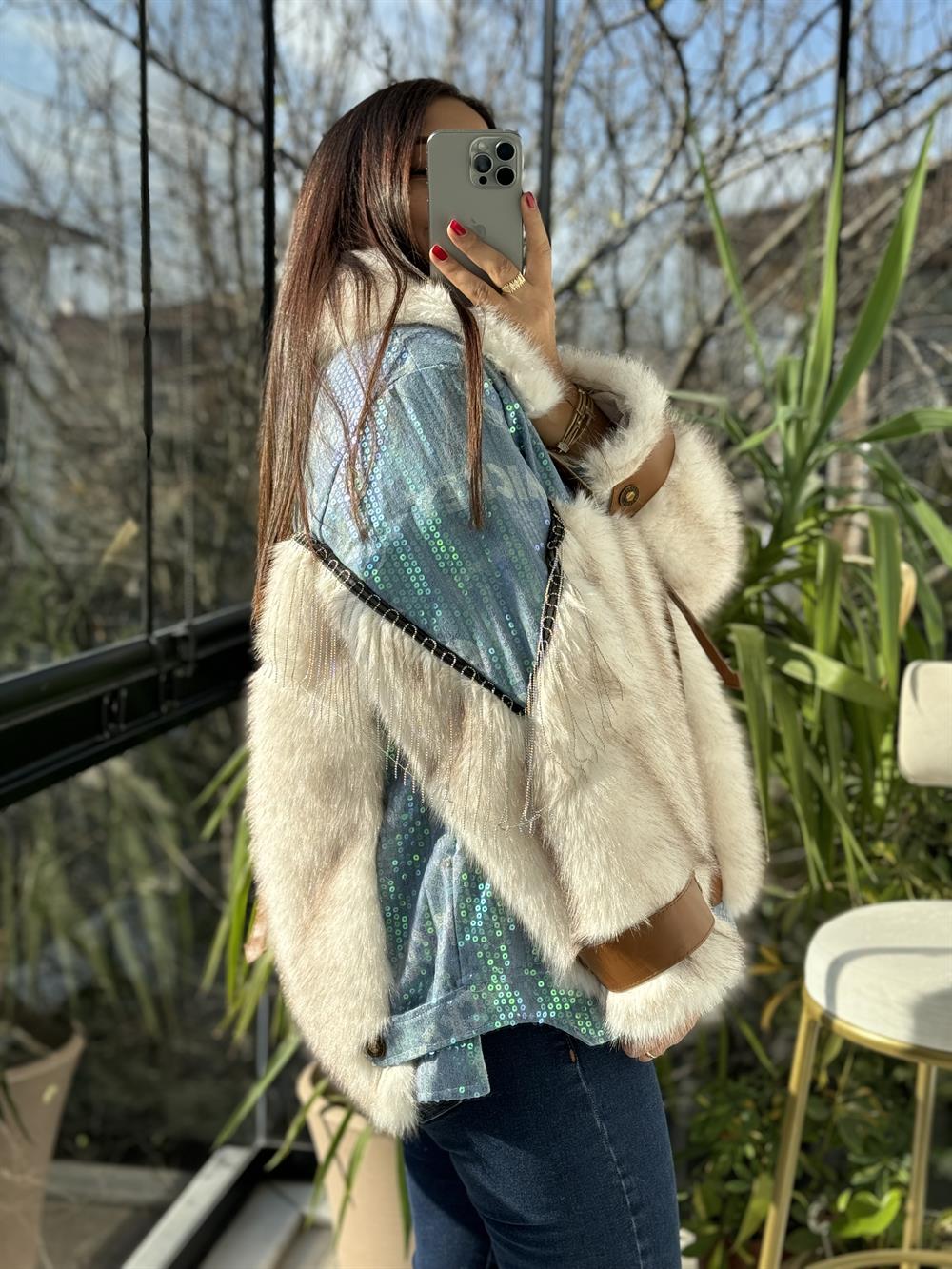 İthal Payetli Kürklü Deri Detaylı Mont Turkuaz