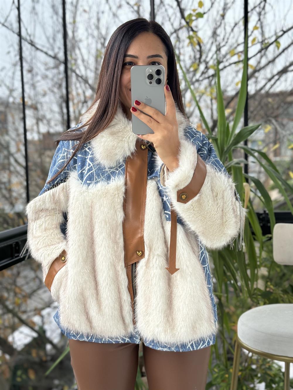 İthal Payetli Kürklü Deri Detaylı Mont Mavi