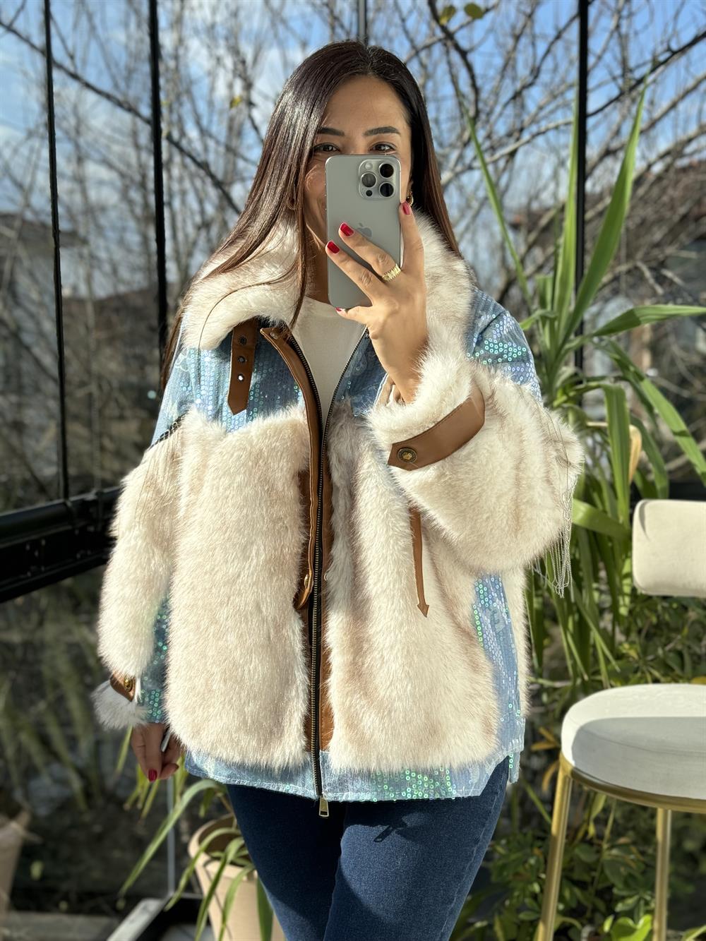 İthal Payetli Kürklü Deri Detaylı Mont Turkuaz