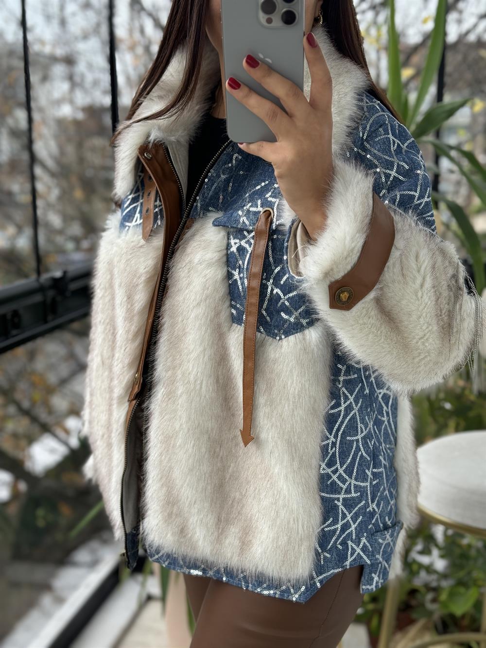 İthal Payetli Kürklü Deri Detaylı Mont Mavi