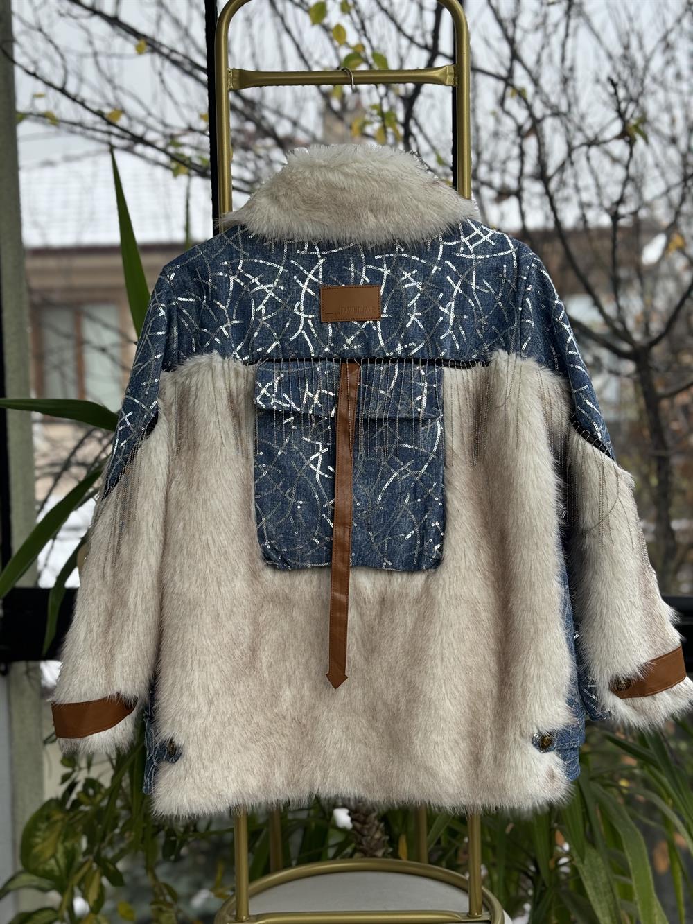 İthal Payetli Kürklü Deri Detaylı Mont Mavi