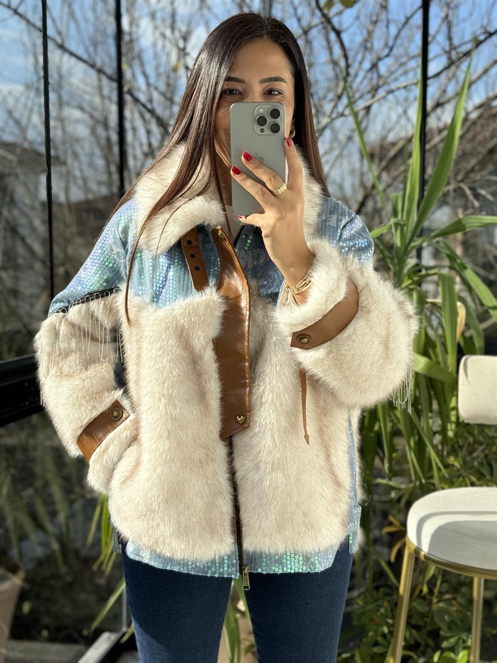 İthal Payetli Kürklü Deri Detaylı Mont Turkuaz