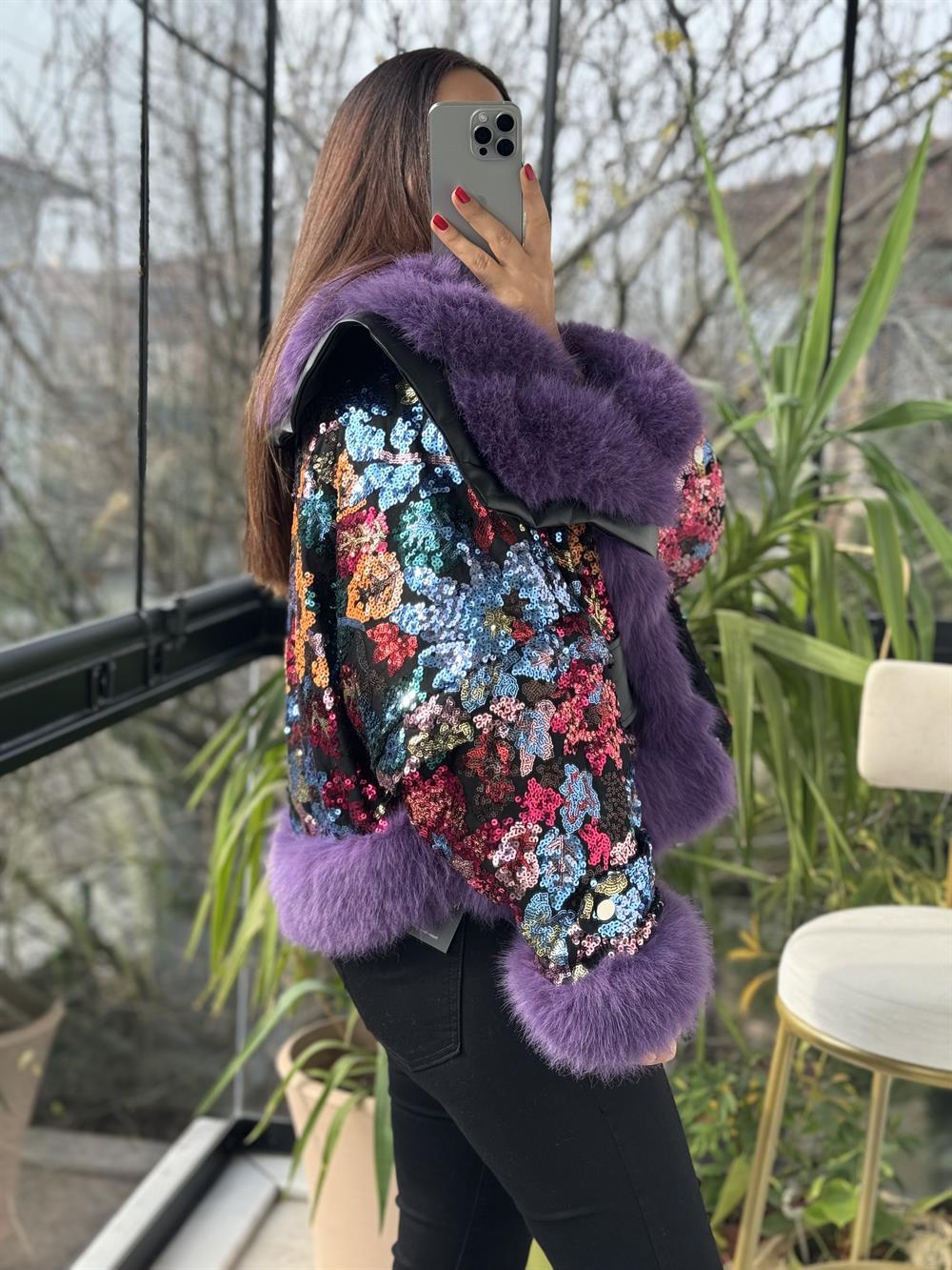 İthal Payetli Kürklü Mont Mor