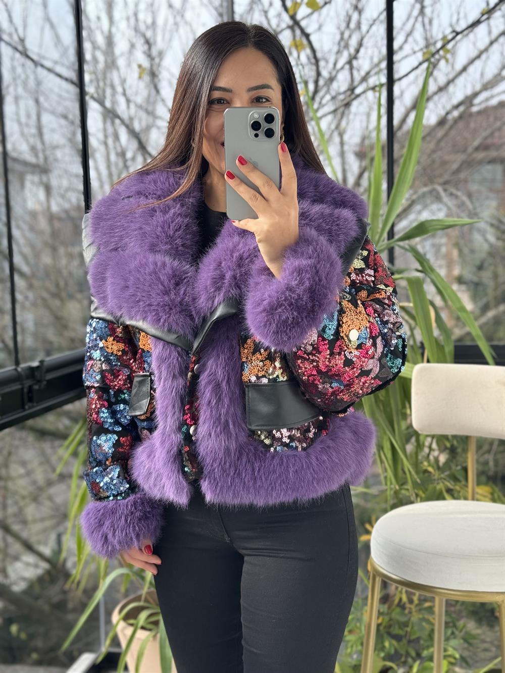 İthal Payetli Kürklü Mont Mor