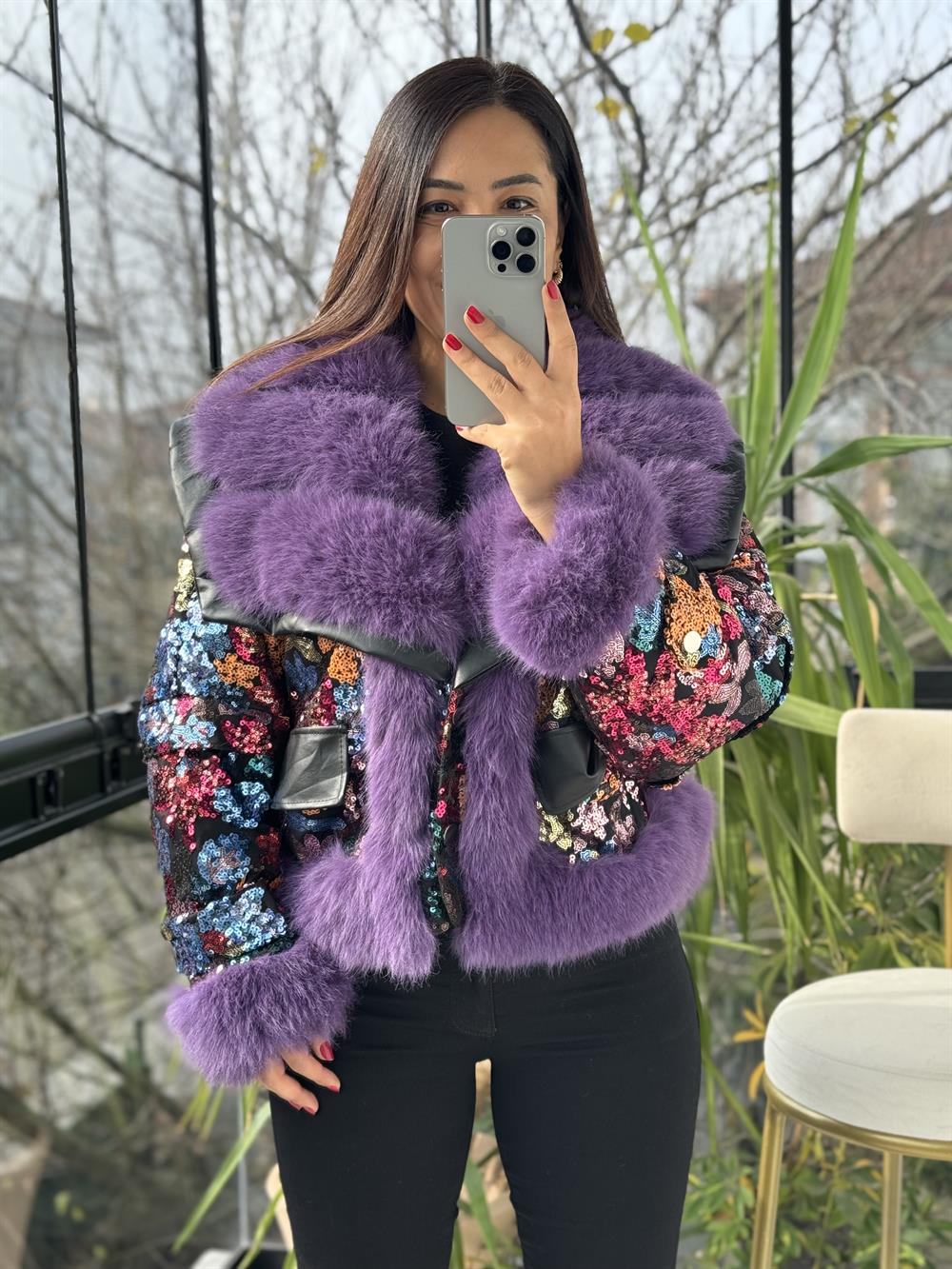 İthal Payetli Kürklü Mont Mor