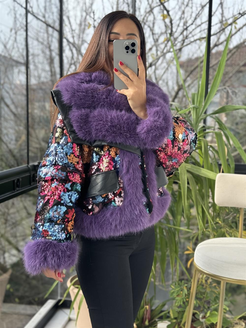 İthal Payetli Kürklü Mont Mor