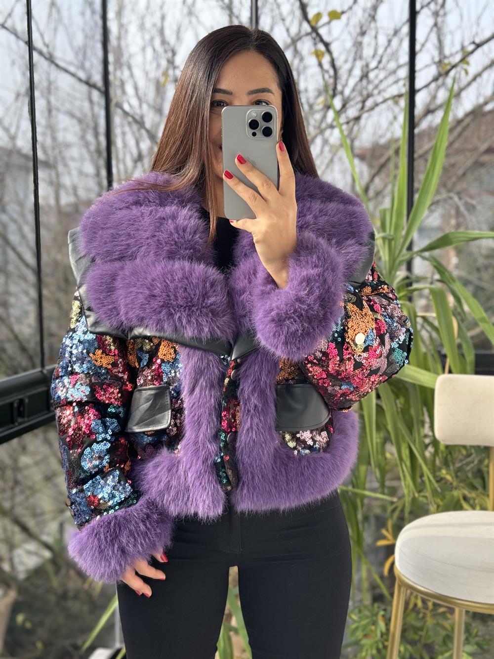 İthal Payetli Kürklü Mont Mor