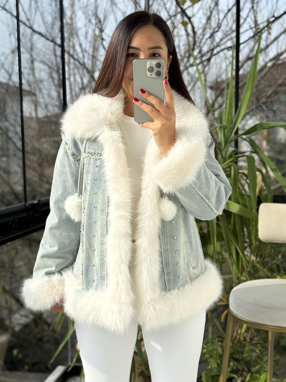 İthal Ponponlu Kürklü Kot Mont Mavi