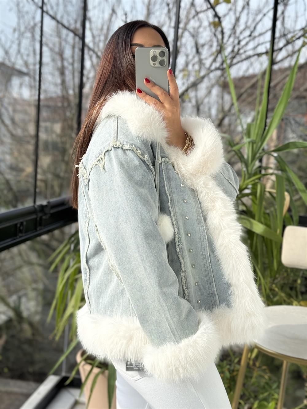 İthal Ponponlu Kürklü Kot Mont Mavi