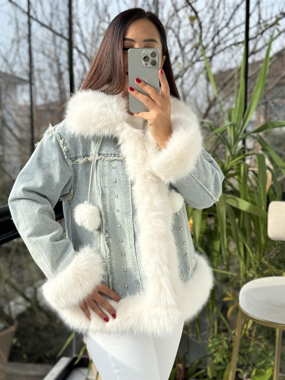 İthal Ponponlu Kürklü Kot Mont Mavi