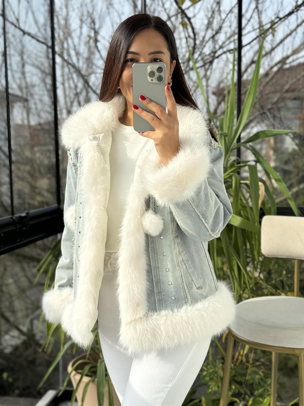 İthal Ponponlu Kürklü Kot Mont Mavi