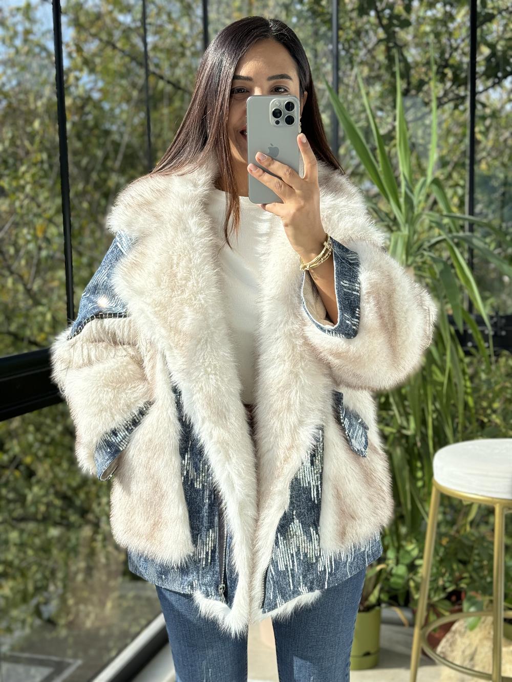 İthal Pul Detaylı Kürk Mavi