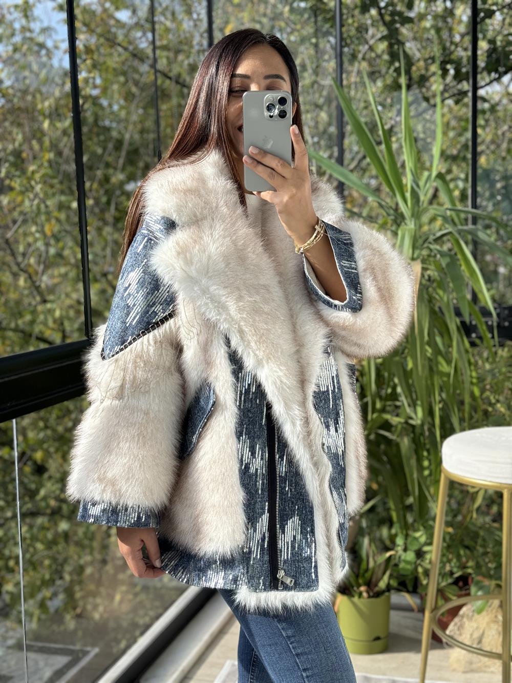 İthal Pul Detaylı Kürk Mavi