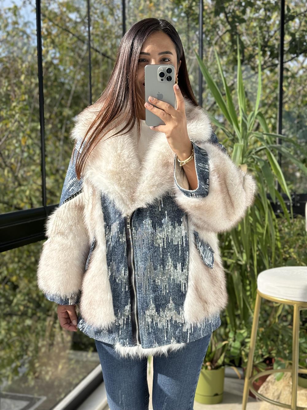 İthal Pul Detaylı Kürk Mavi