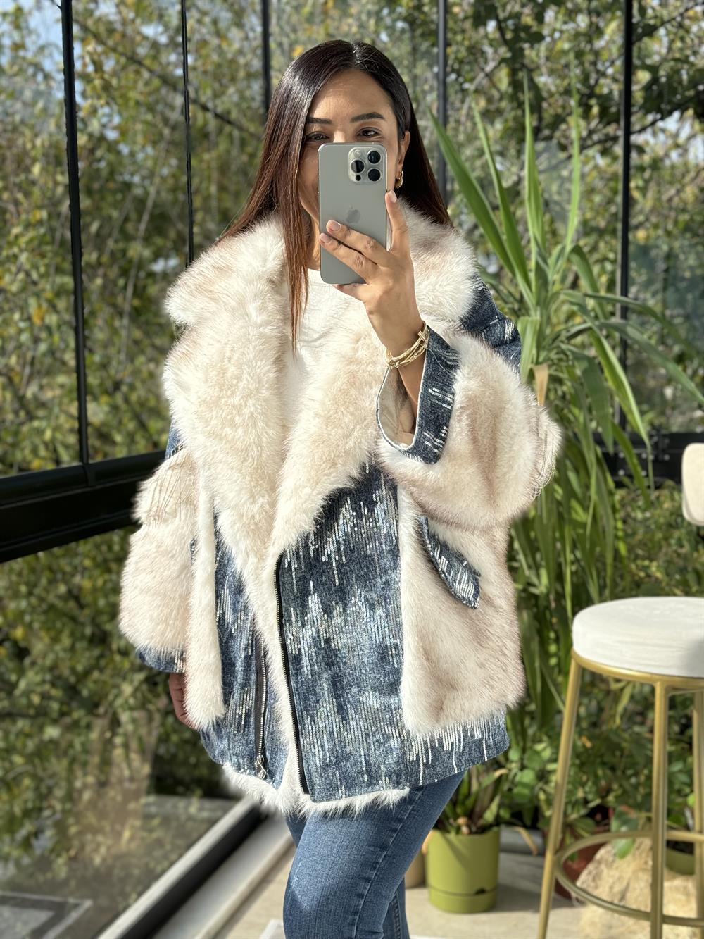 İthal Pul Detaylı Kürk Mavi