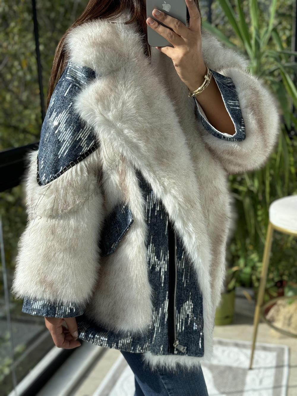 İthal Pul Detaylı Kürk Mavi