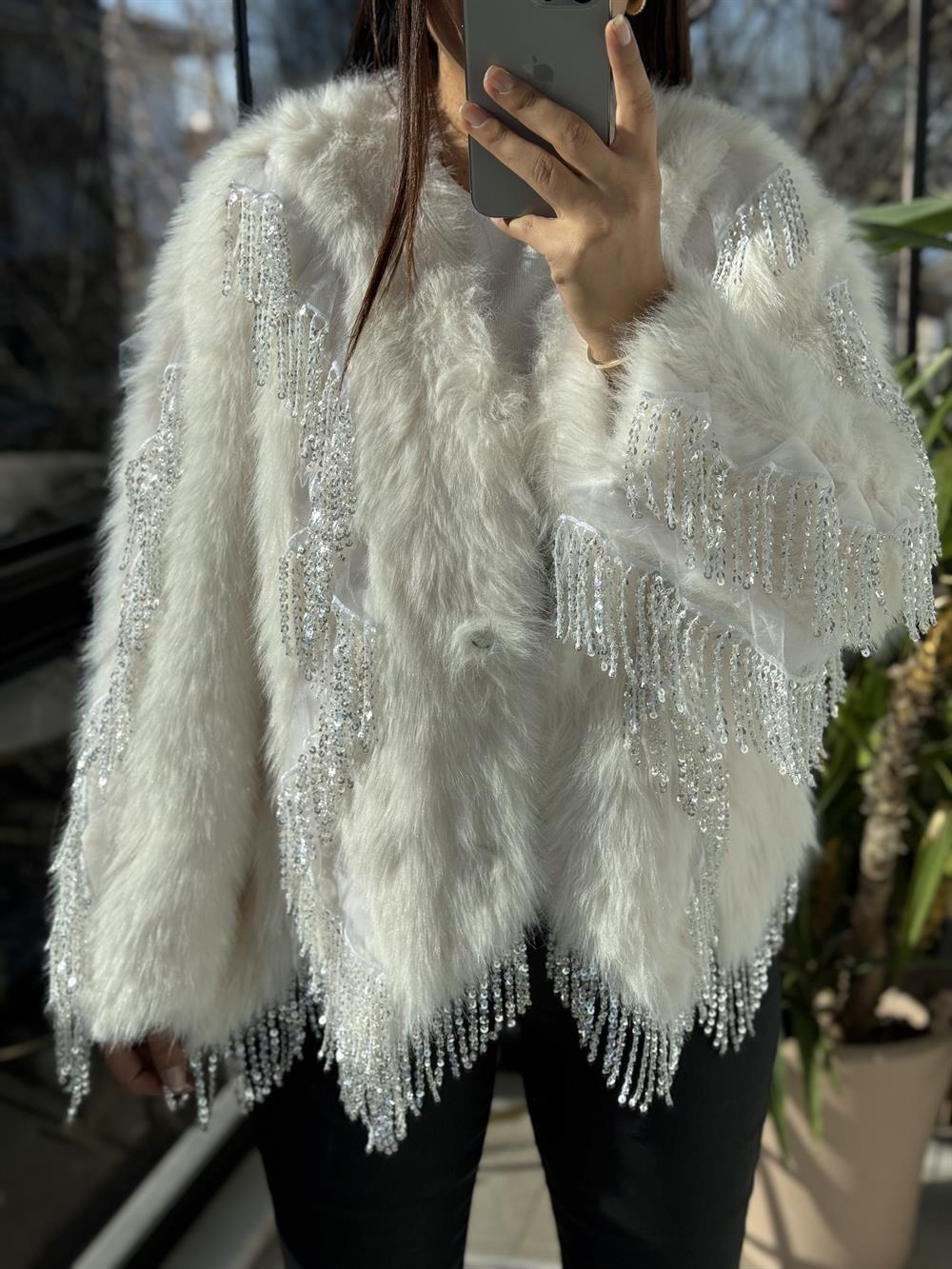 İthal Sallantılı Payetli Kürklü Ceket Krem