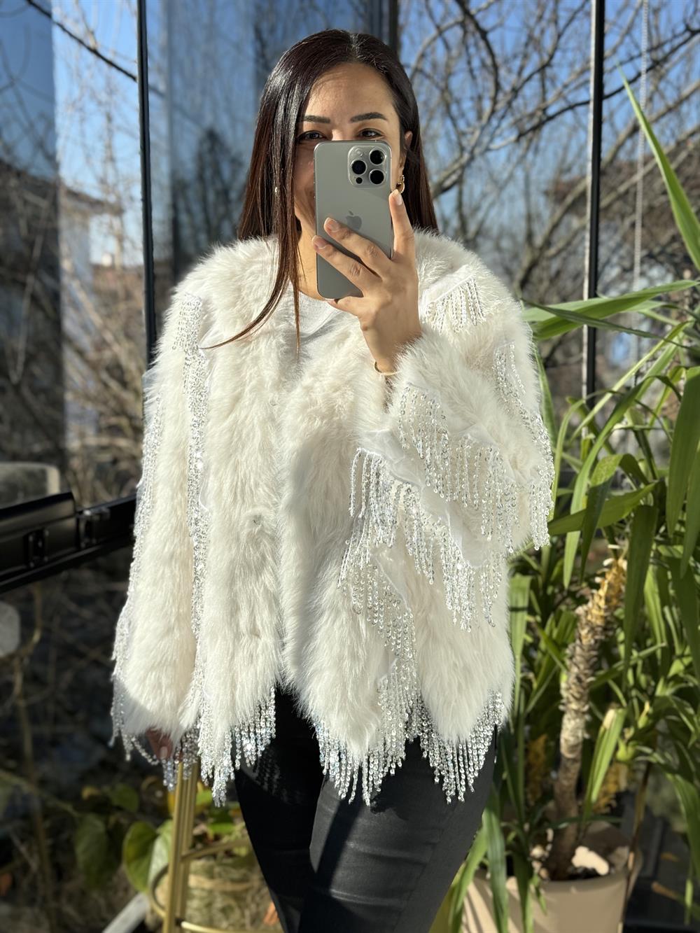 İthal Sallantılı Payetli Kürklü Ceket Krem