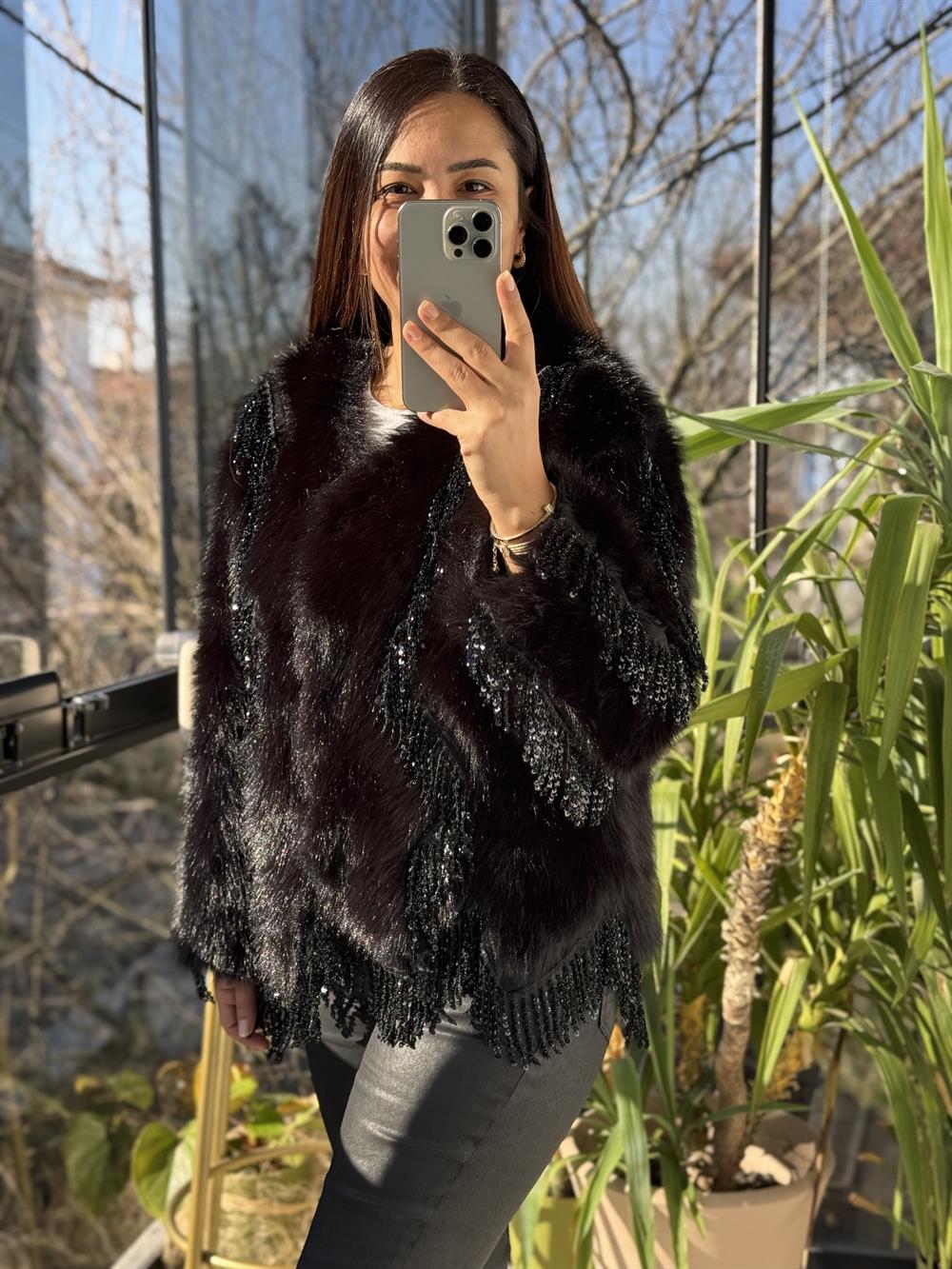İthal Sallantılı Payetli Kürklü Siyah