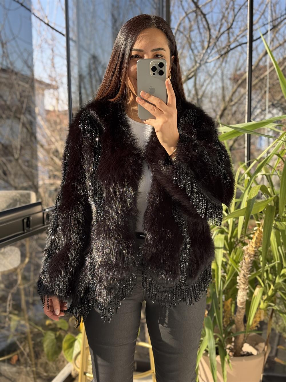 İthal Sallantılı Payetli Kürklü Siyah