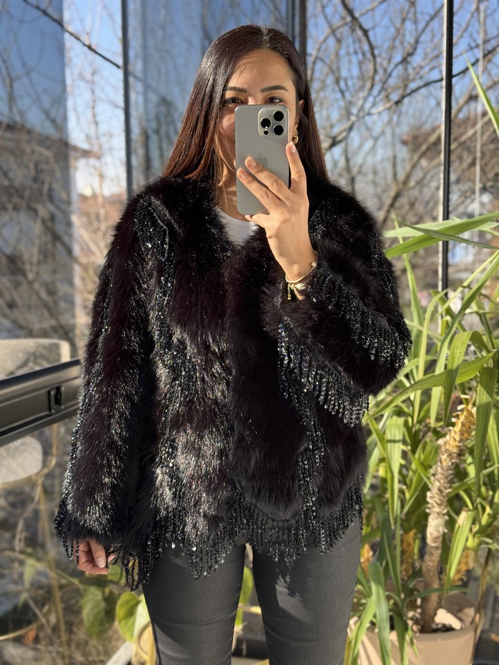 İthal Sallantılı Payetli Kürklü Siyah