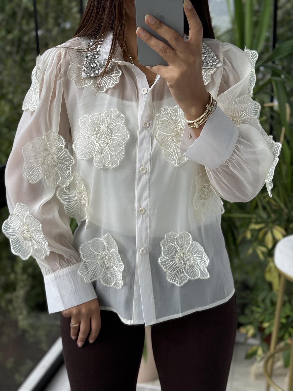 İthal Şifon Çiçekli Bluz Krem