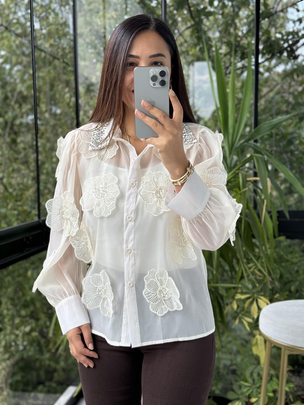 İthal Şifon Çiçekli Bluz Krem