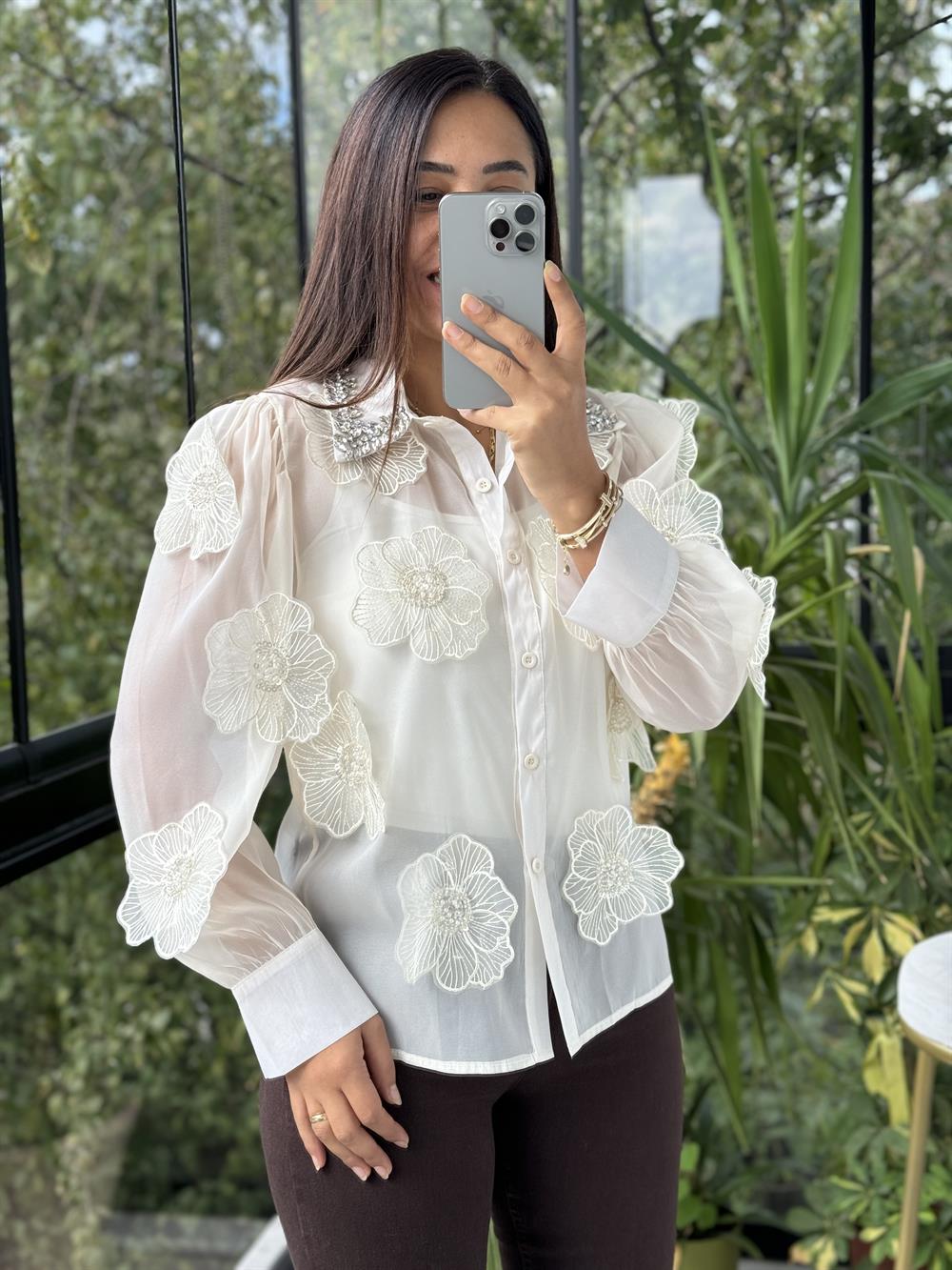 İthal Şifon Çiçekli Bluz Krem