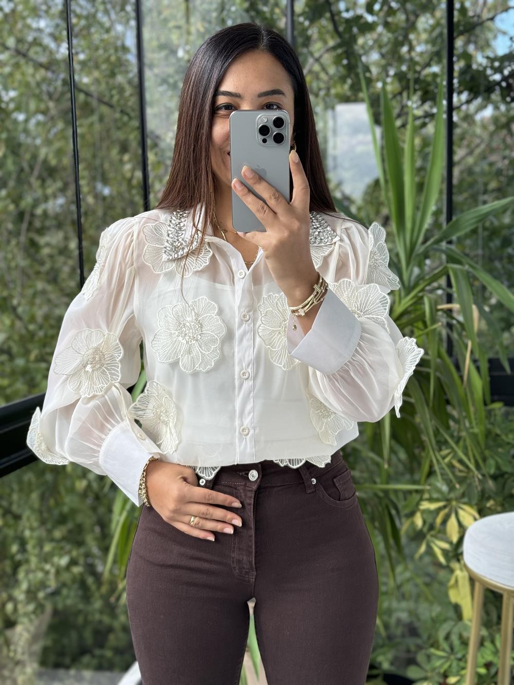 İthal Şifon Çiçekli Bluz Krem