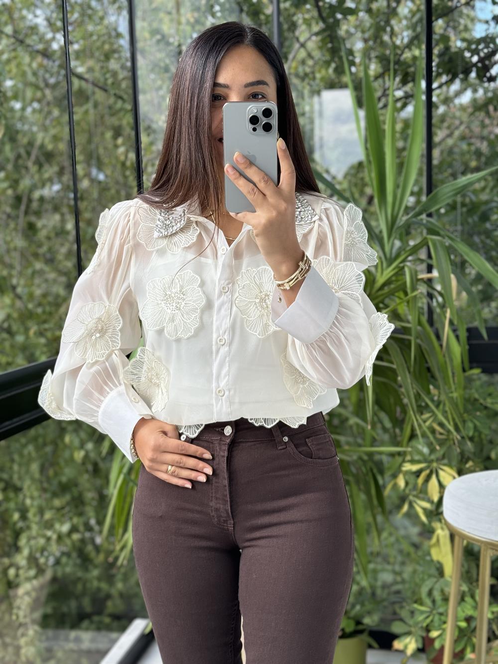 İthal Şifon Çiçekli Bluz Krem