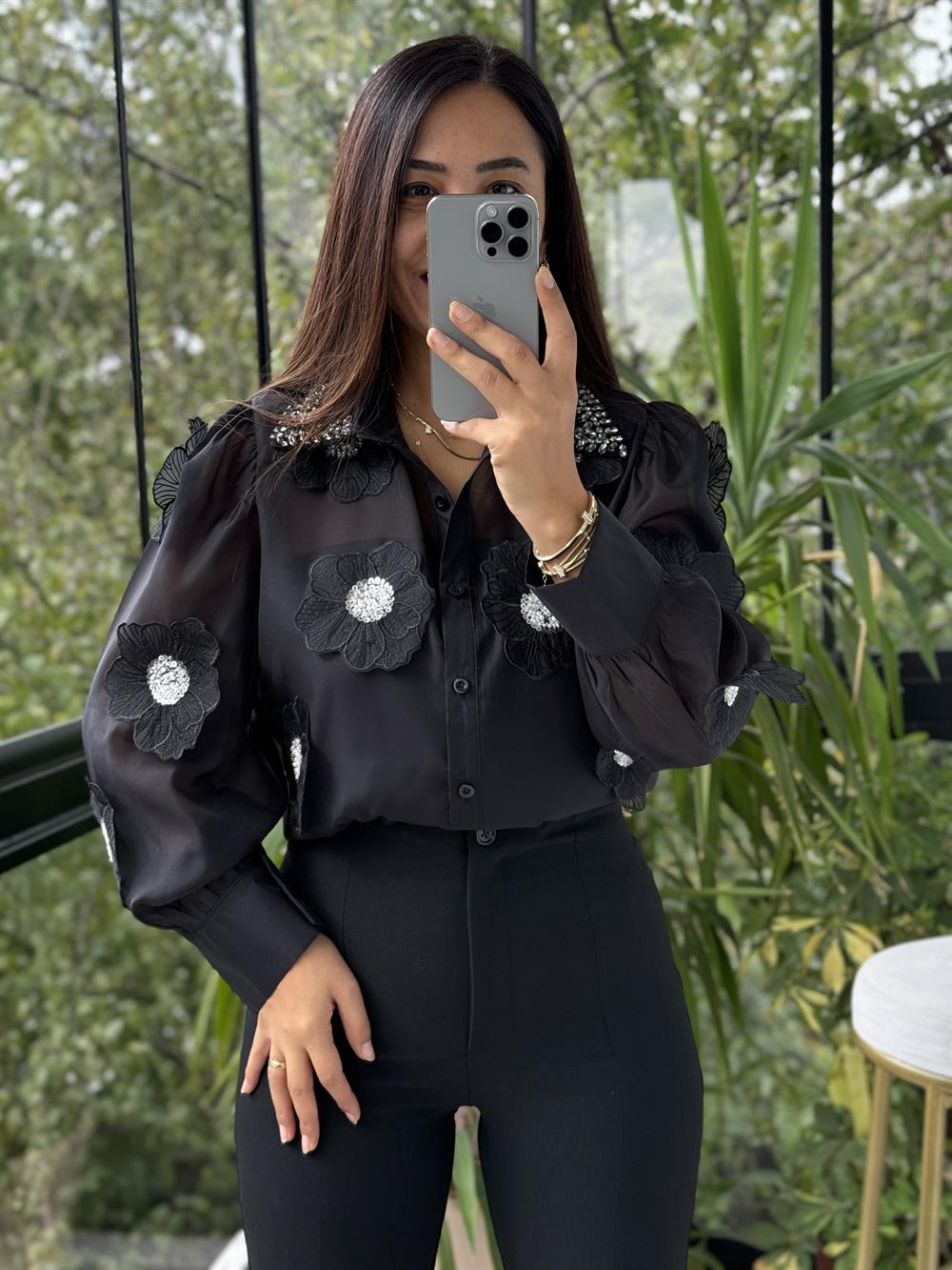 İthal Şifon Çiçekli Bluz Siyah