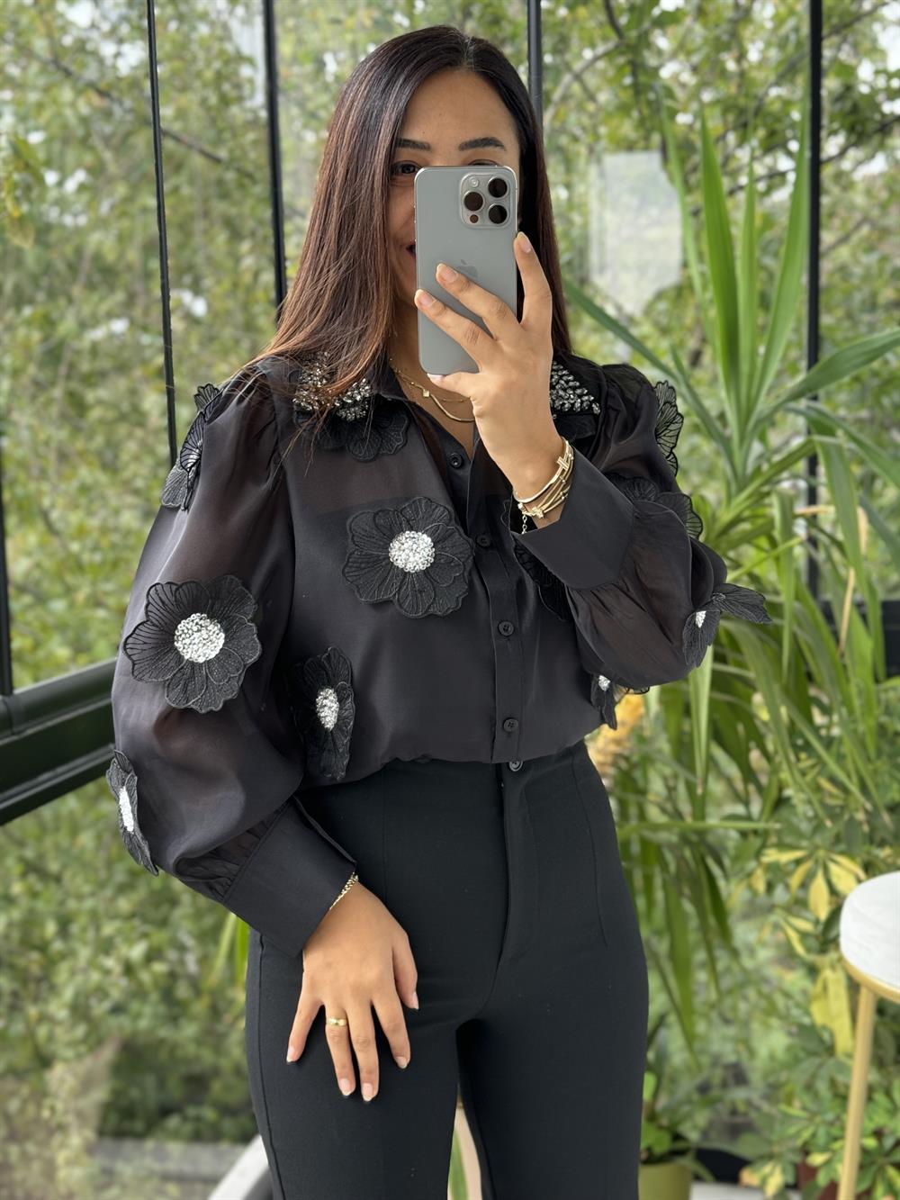 İthal Şifon Çiçekli Bluz Siyah