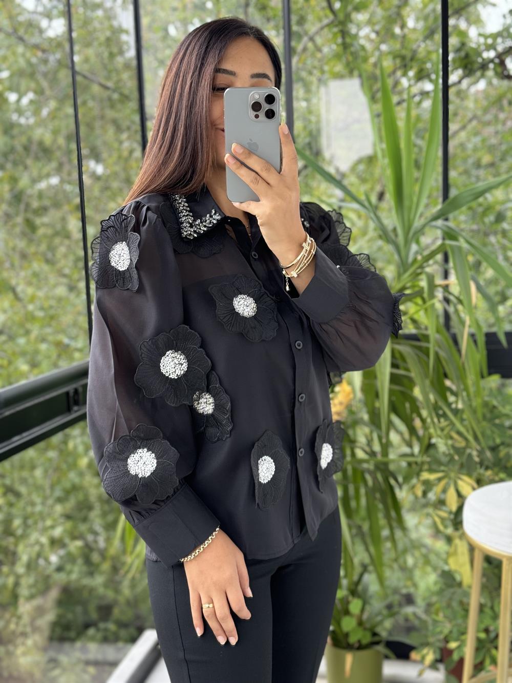 İthal Şifon Çiçekli Bluz Siyah