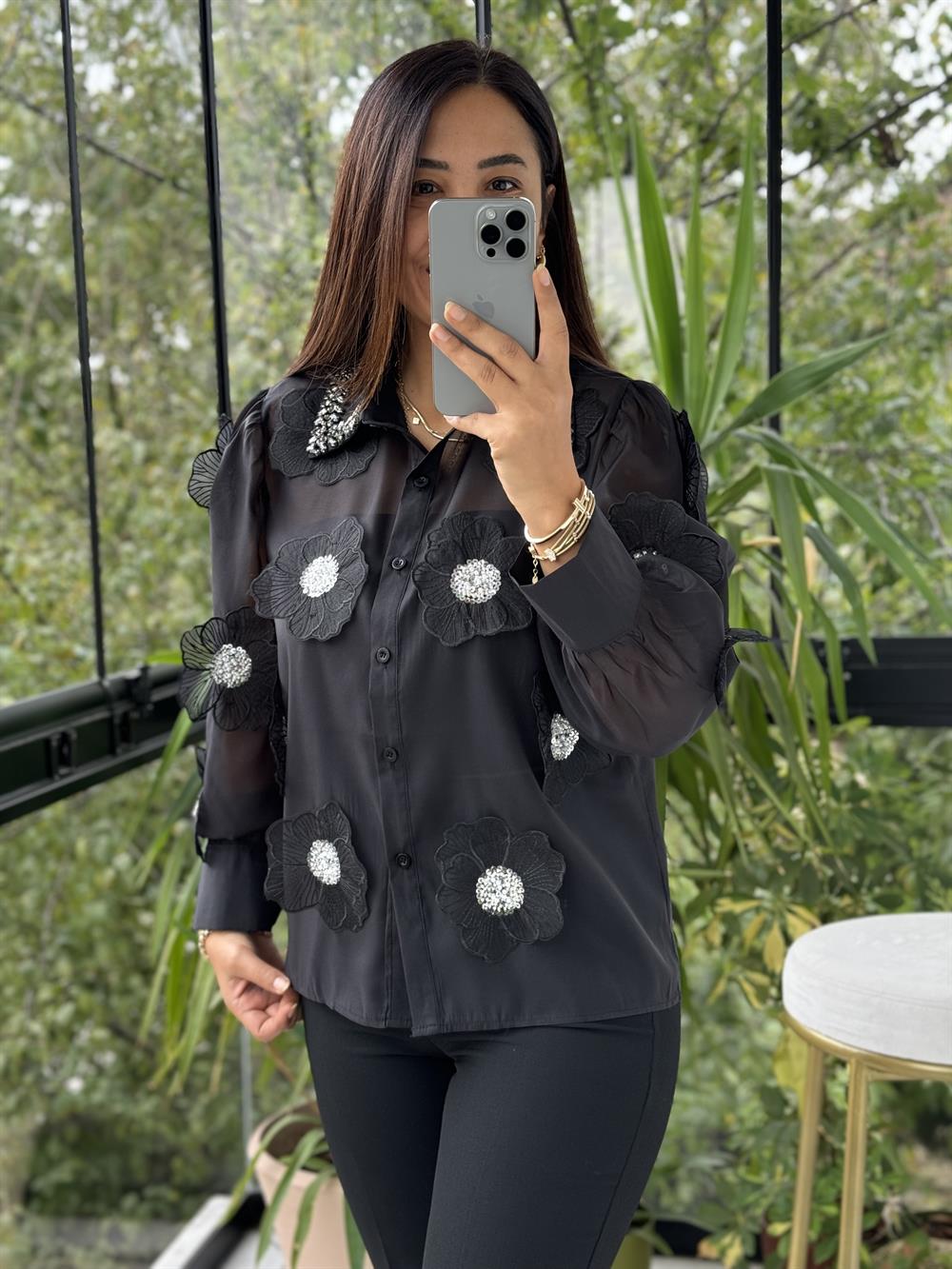 İthal Şifon Çiçekli Bluz Siyah