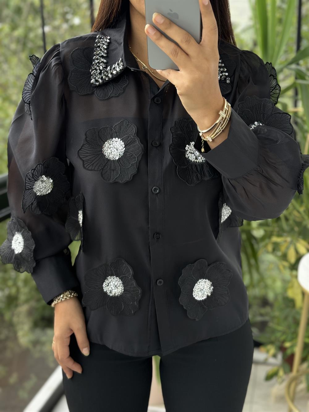 İthal Şifon Çiçekli Bluz Siyah