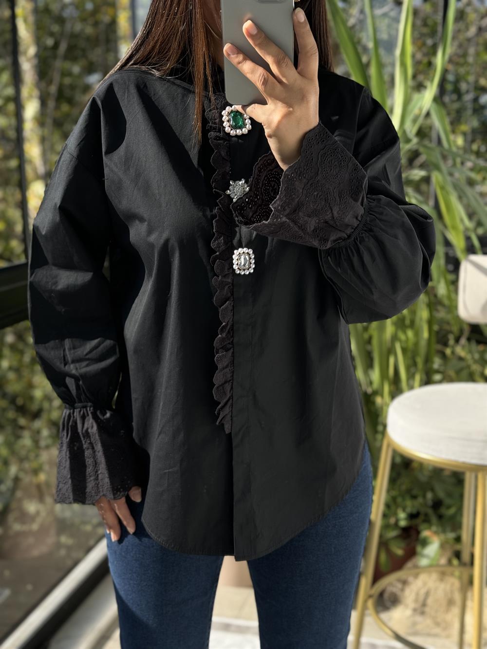 İthal Taş Detaylı Broşlu Gömlek Siyah