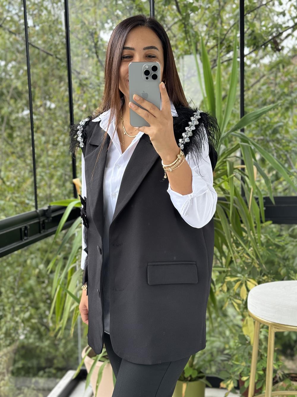 İthal Tasarım Yelek Omuz Taşlı