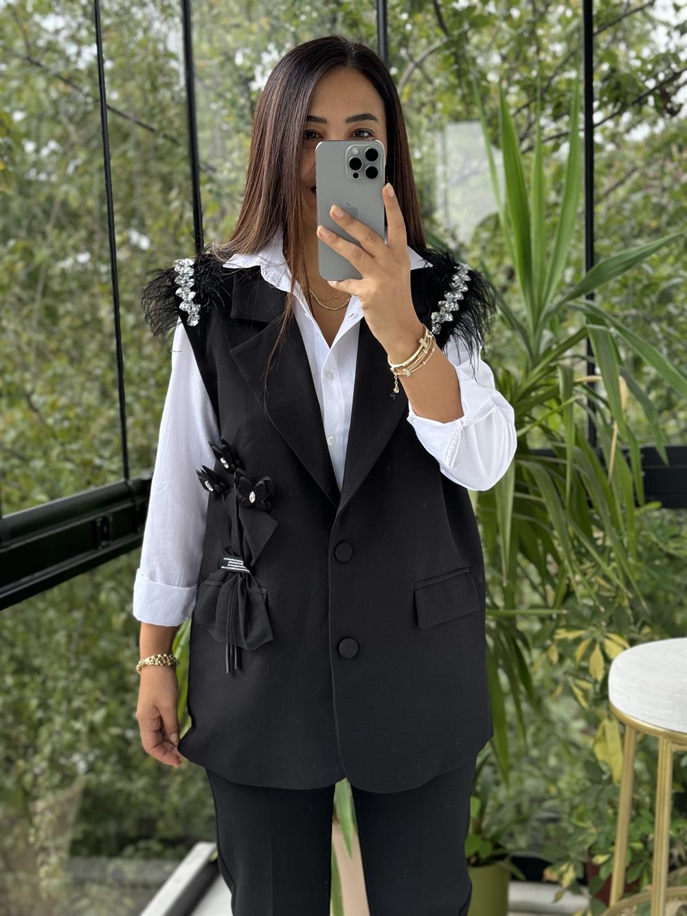 İthal Tasarım Yelek Omuz Taşlı