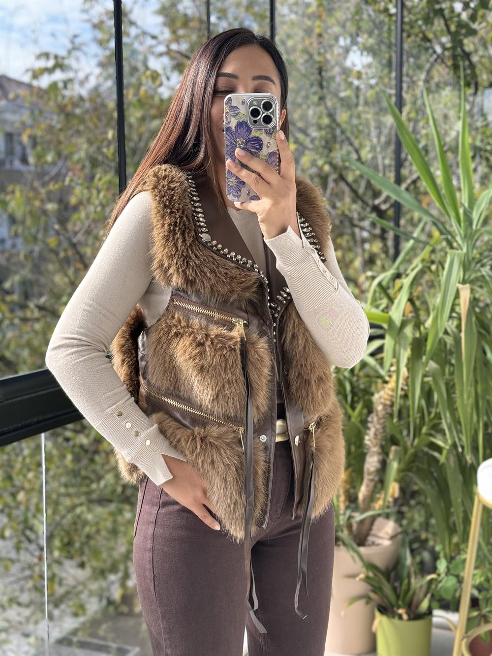 İthal Taşlı fermuarlı Kürklü Yelek Kahve