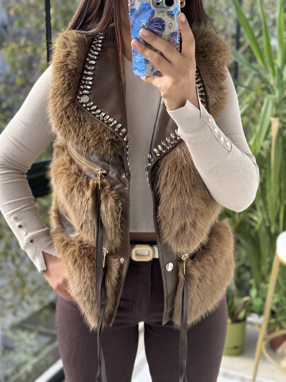 İthal Taşlı fermuarlı Kürklü Yelek Kahve