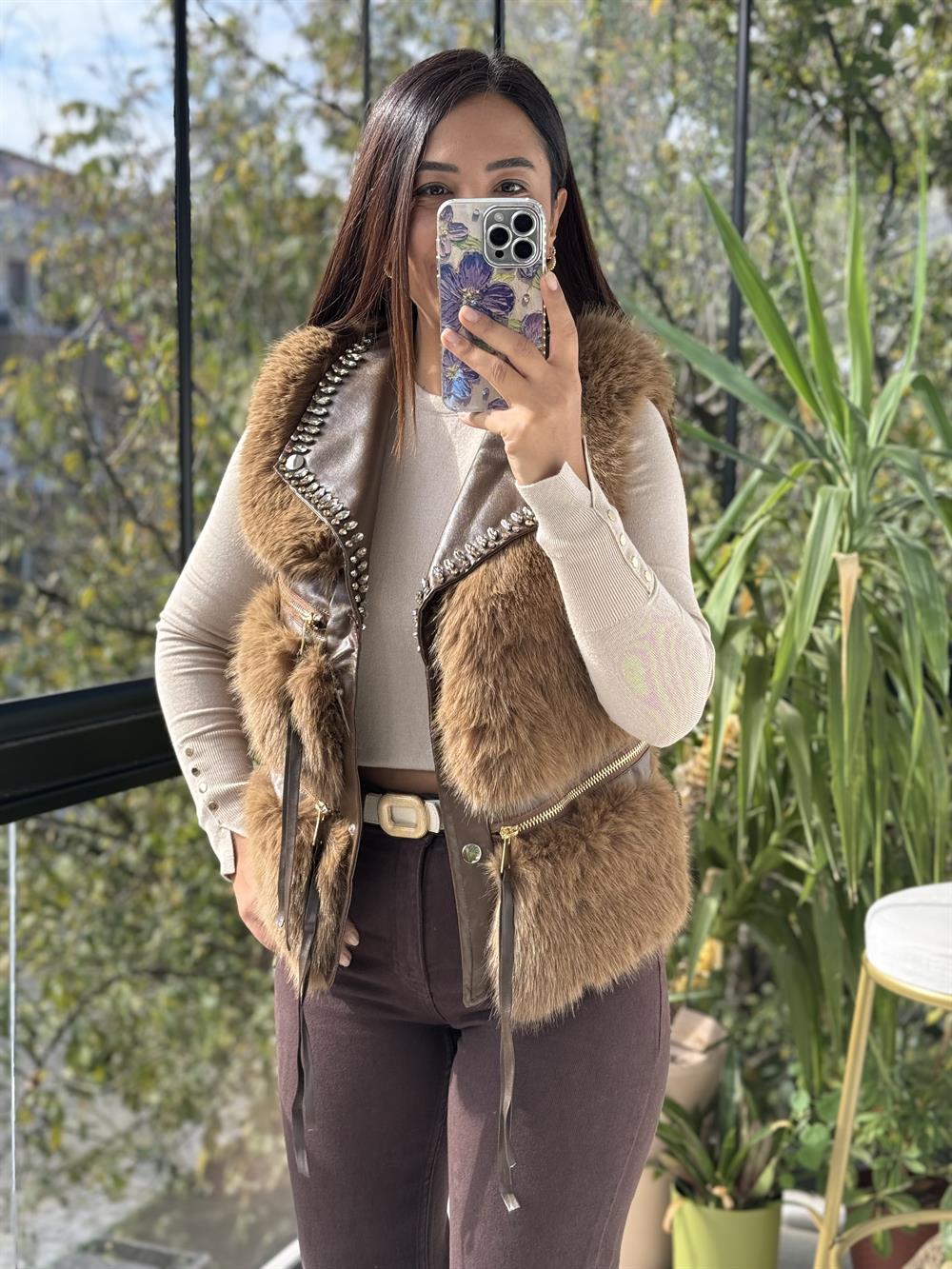 İthal Taşlı fermuarlı Kürklü Yelek Kahve