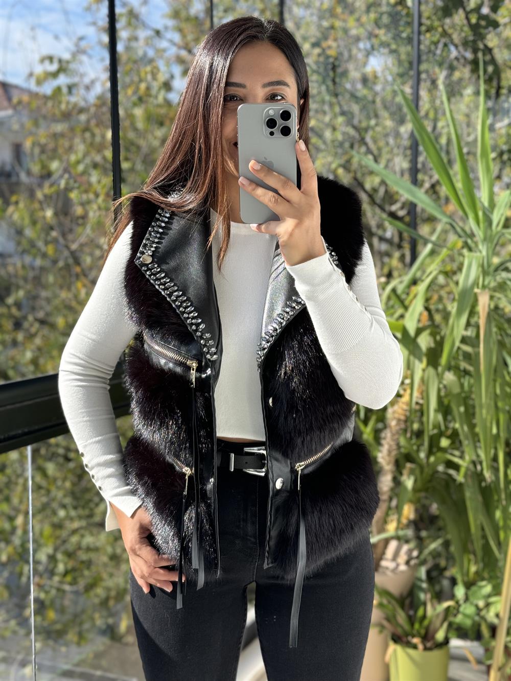 İthal Taşlı fermuarlı Kürklü Yelek Siyah