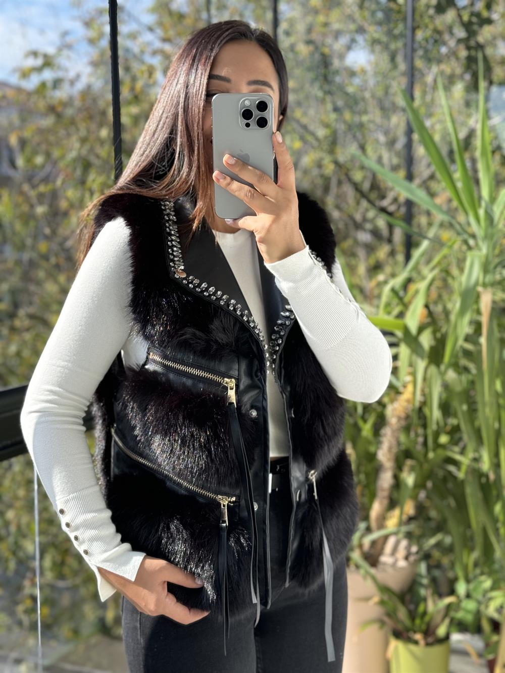 İthal Taşlı fermuarlı Kürklü Yelek Siyah