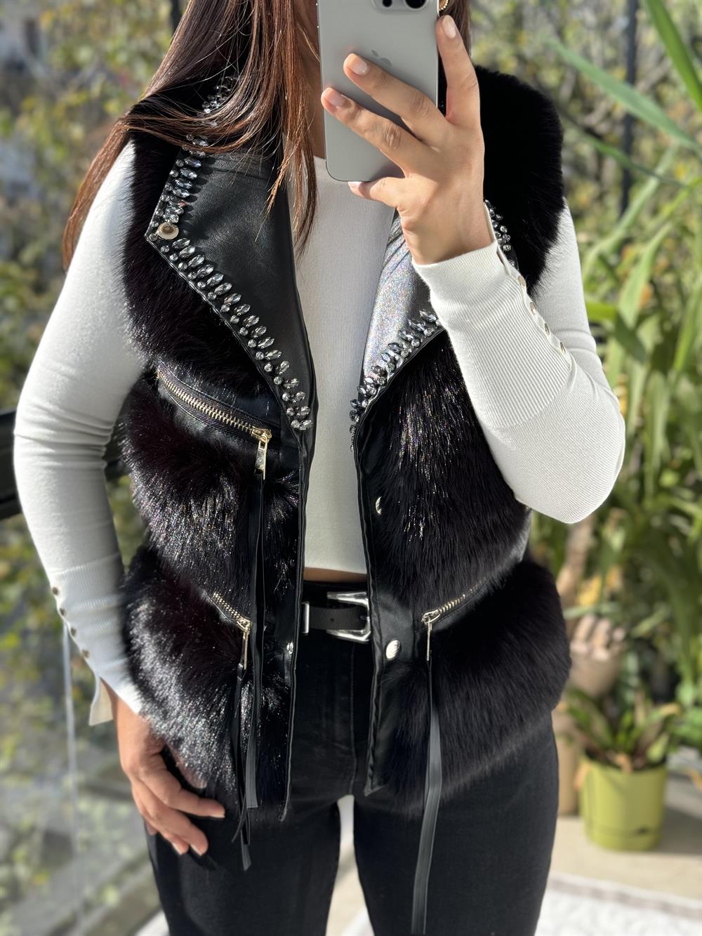 İthal Taşlı fermuarlı Kürklü Yelek Siyah