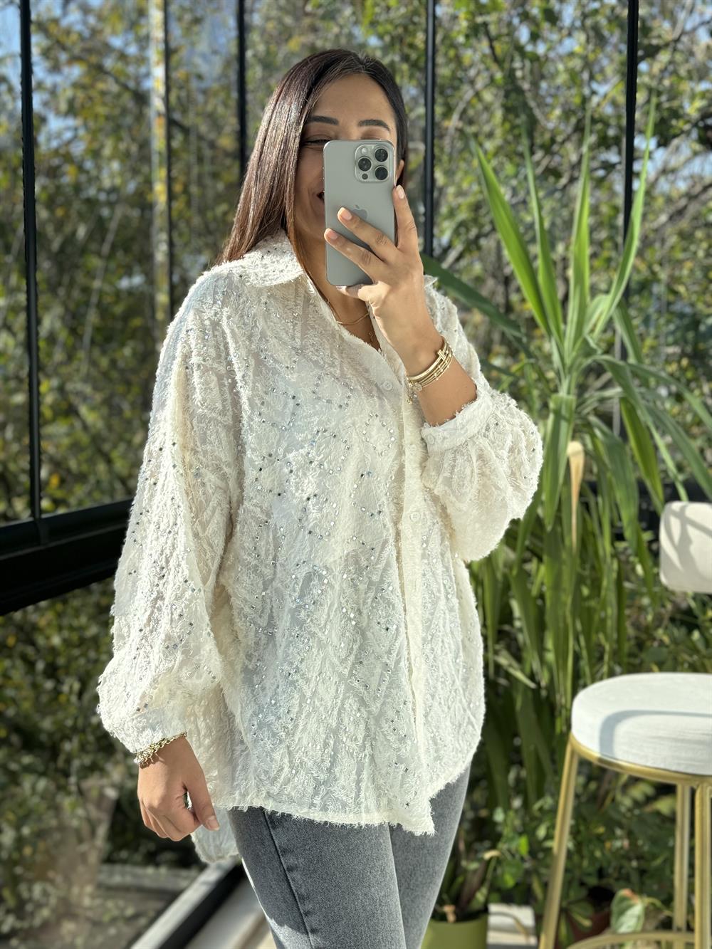 İthal Taşlı Sakallı Gömlek Krem