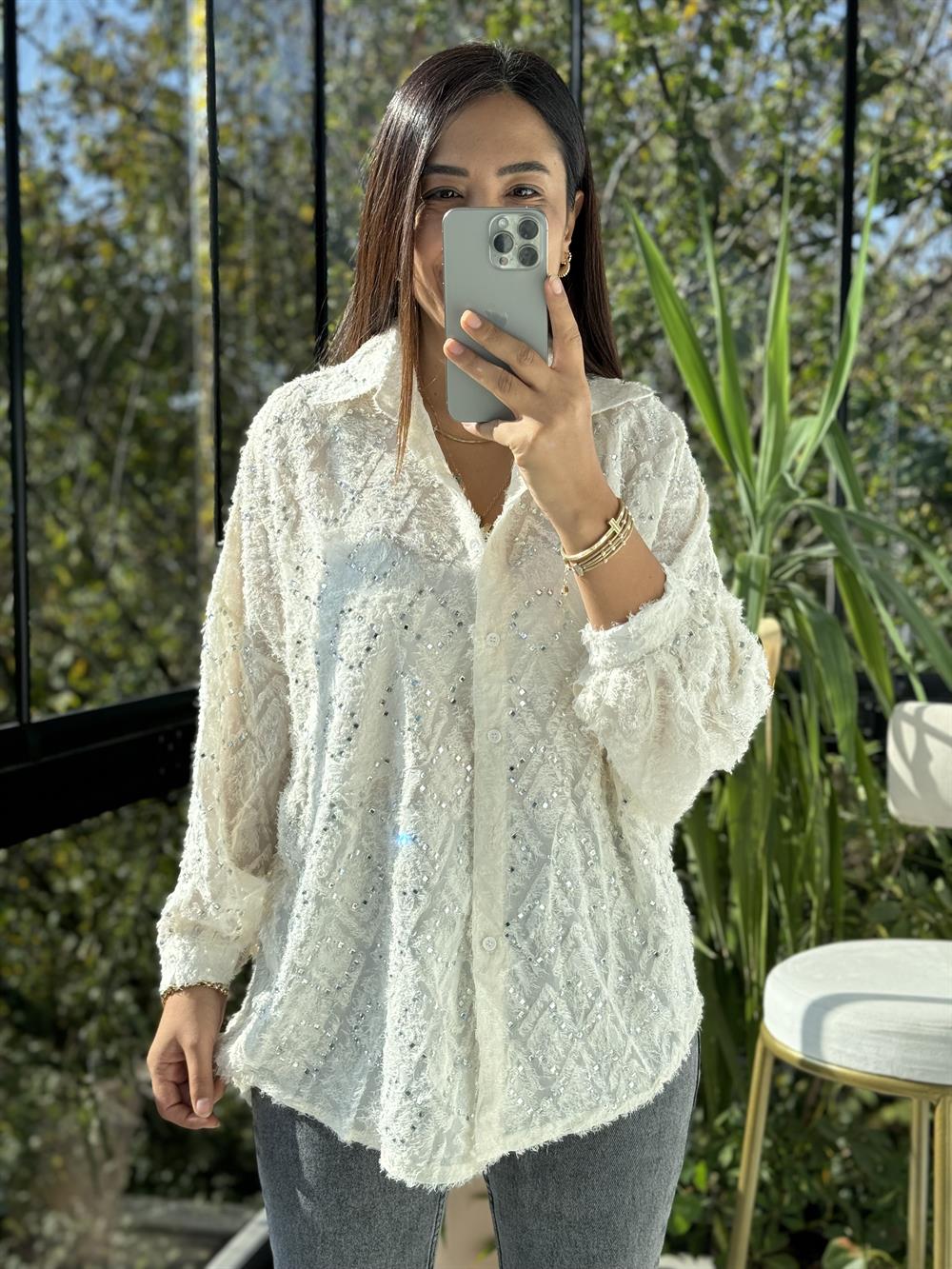 İthal Taşlı Sakallı Gömlek Krem