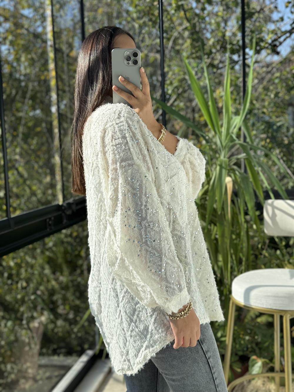 İthal Taşlı Sakallı Gömlek Krem