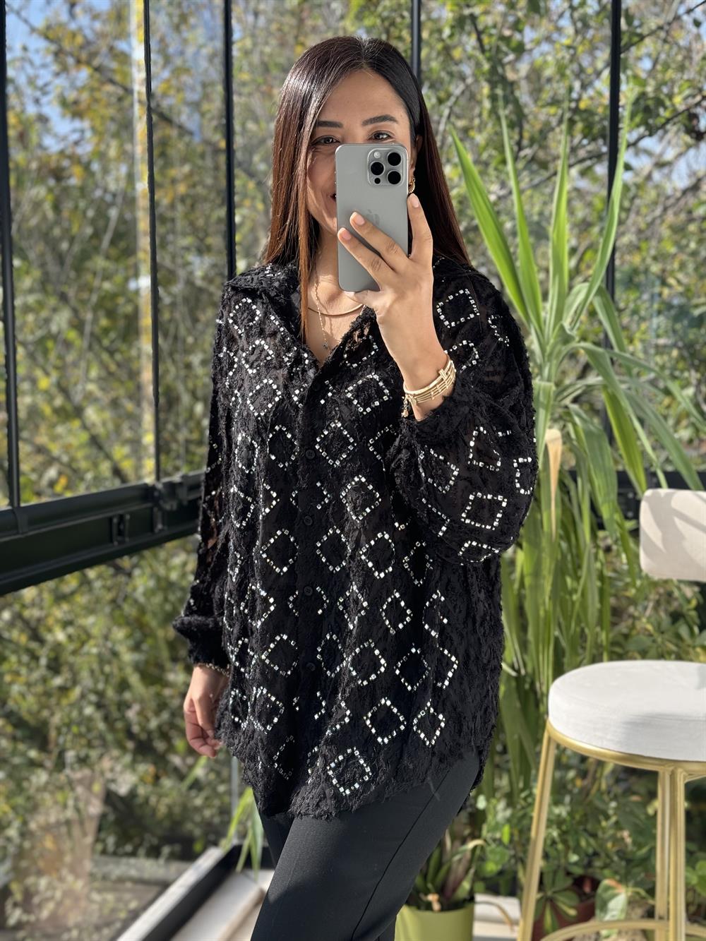 İthal Taşlı Sakallı Gömlek Siyah